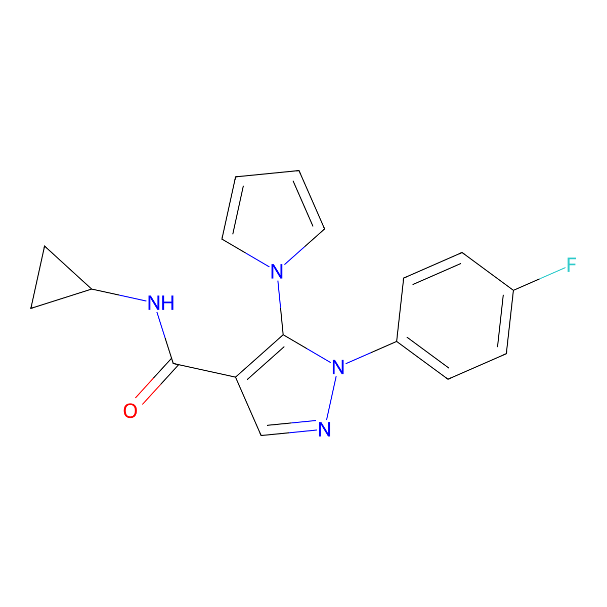 N-cyclopropyl-1-(4-fluorophenyl)-5-(1H-pyrrol-1-yl)-1H-pyrazole-4-carboxamide molecular structure, CAS 1015903-81-7