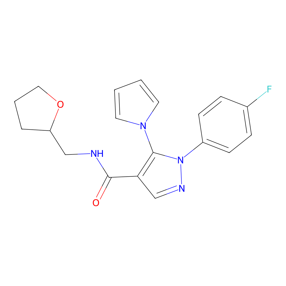 1-(4-fluorophenyl)-5-(1H-pyrrol-1-yl)-N-(tetrahydrofuran-2-ylmethyl)-1H-pyrazole-4-carboxamide molecular structure, CAS 1015903-87-3