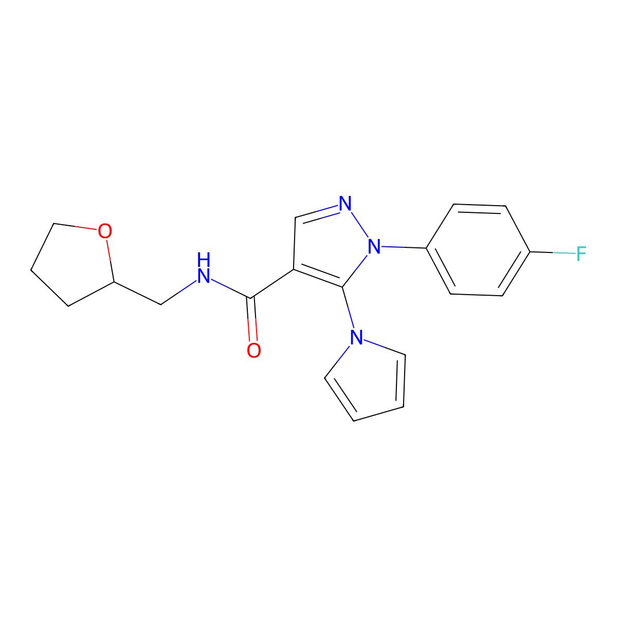 1-(4-fluorophenyl)-5-(1H-pyrrol-1-yl)-N-(tetrahydrofuran-2-ylmethyl)-1H-pyrazole-4-carboxamide molecular structure, CAS 1015903-87-3