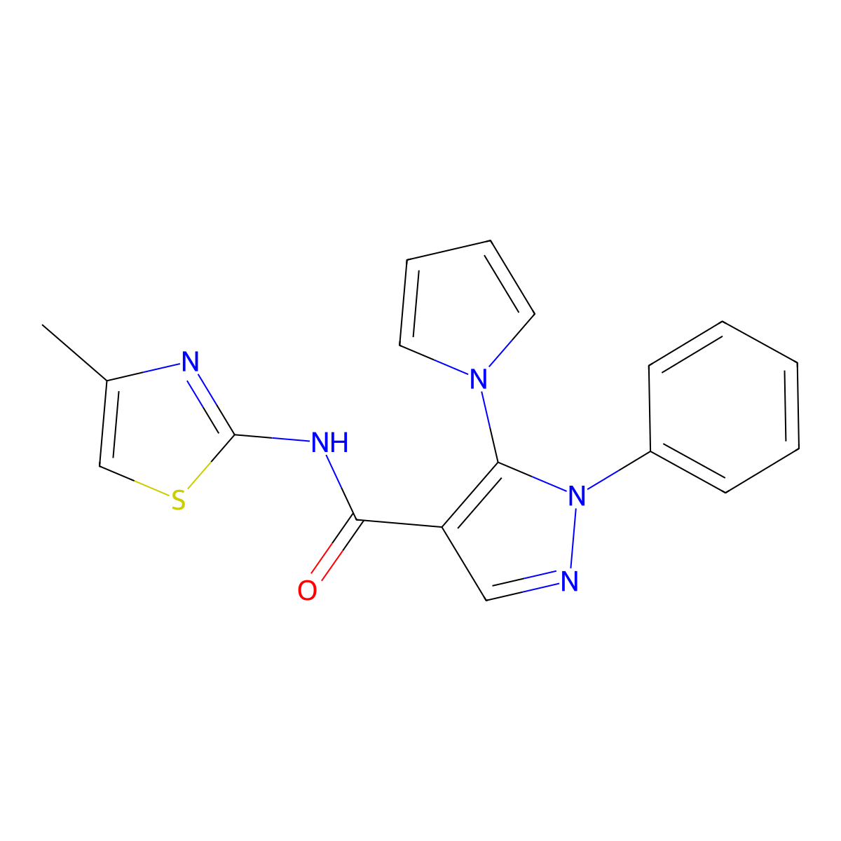 N-(4-methyl-1,3-thiazol-2-yl)-1-phenyl-5-(1H-pyrrol-1-yl)-1H-pyrazole-4-carboxamide molecular structure, CAS 1015905-63-1