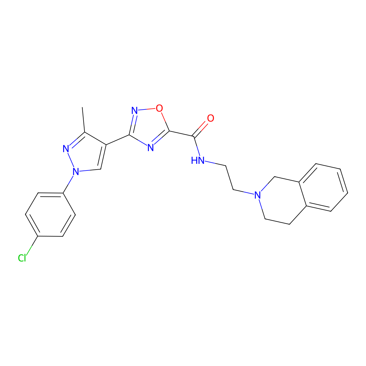 3-[1-(4-Chlorophenyl)-3-methyl-1H-pyrazol-4-YL]-N-[2-(1,2,3,4-tetrahydroisoquinolin-2-YL)ethyl]-1,2,4-oxadiazole-5-carboxamide molecular structure, CAS 1015912-20-5