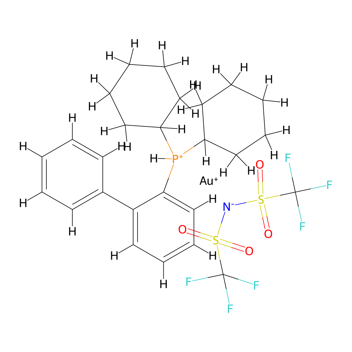 (2-Dicyclohexylphosphinobiphenyl)gold(I) bis(trifluoromethanesulfonyl)imide , CyJohnPhos AuNTf2 molecular structure, CAS 1016161-75-3