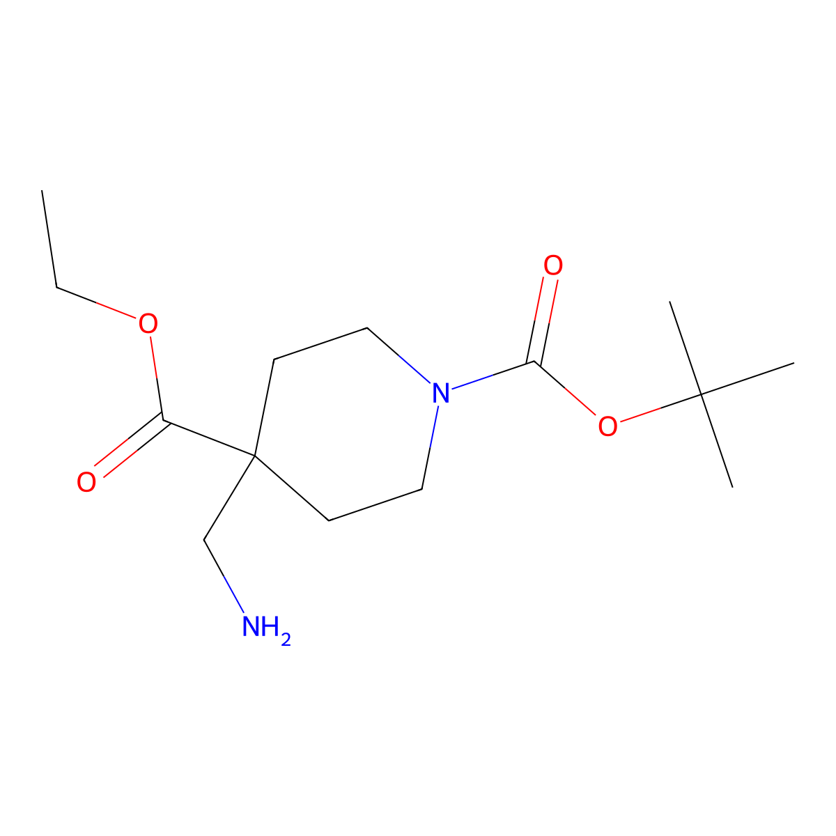 1-tert-Butyl 4-ethyl 4-(aminomethyl)piperidine-1,4-dicarboxylate molecular structure, CAS 1016258-69-7