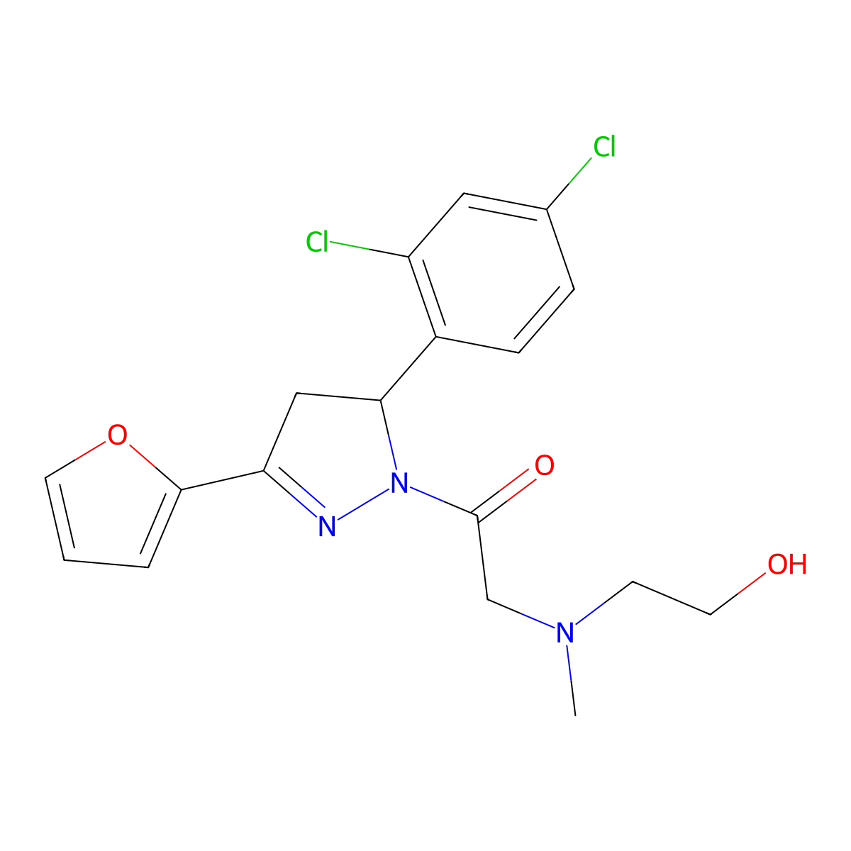 1-(5-(2,4-dichlorophenyl)-3-(furan-2-yl)-4,5-dihydro-1H-pyrazol-1-yl)-2-((2-hydroxyethyl)(methyl)amino)ethanone molecular structure, CAS 1016392-22-5