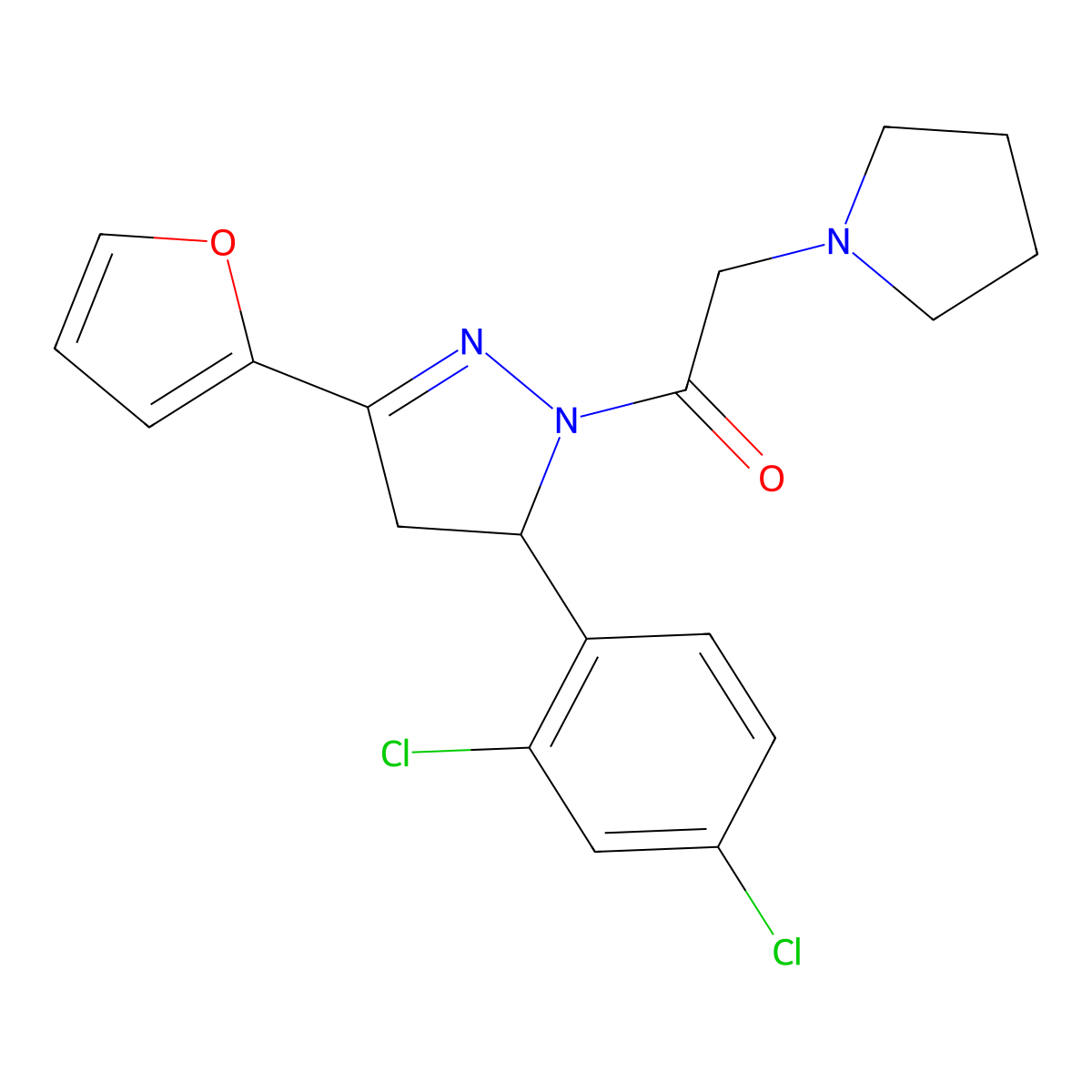 1-[5-(2,4-dichlorophenyl)-3-(furan-2-yl)-4,5-dihydro-1H-pyrazol-1-yl]-2-(pyrrolidin-1-yl)ethan-1-one molecular structure, CAS 1016416-91-3