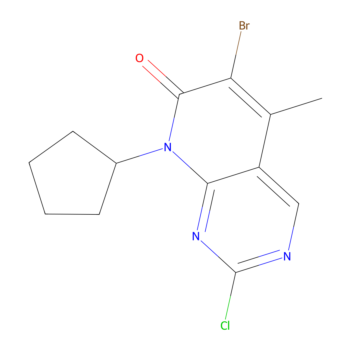 6-Bromo-2-chloro-8-cyclopentyl-5-methyl-8H-pyrido(2,3-d)pyrimidin-7-one molecular structure, CAS 1016636-76-2