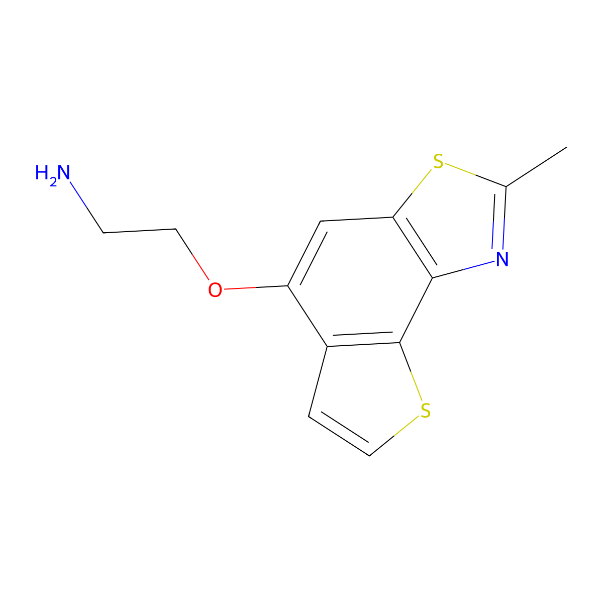 2-({4-Methyl-5,12-dithia-3-azatricyclo[7.3.0.0,2,6]dodeca-1,3,6,8,10-pentaen-8-yl}oxy)ethan-1-amine molecular structure, CAS 1016844-77-1