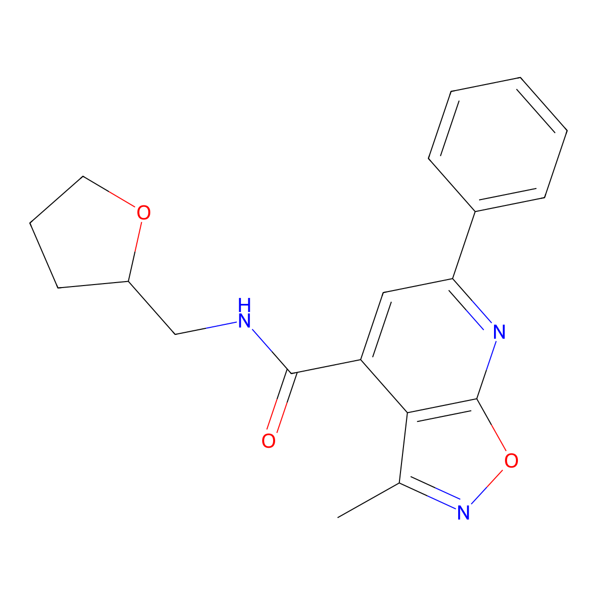 3-methyl-6-phenyl-N-(tetrahydro-2-furanylmethyl)isoxazolo[5,4-b]pyridine-4-carboxamide molecular structure, CAS 1017148-23-0