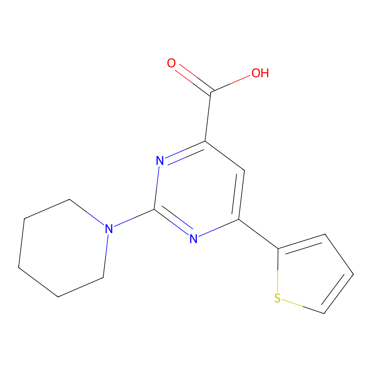 2-(Piperidin-1-yl)-6-(thiophen-2-yl)pyrimidine-4-carboxylic acid molecular structure, CAS 1017485-26-5