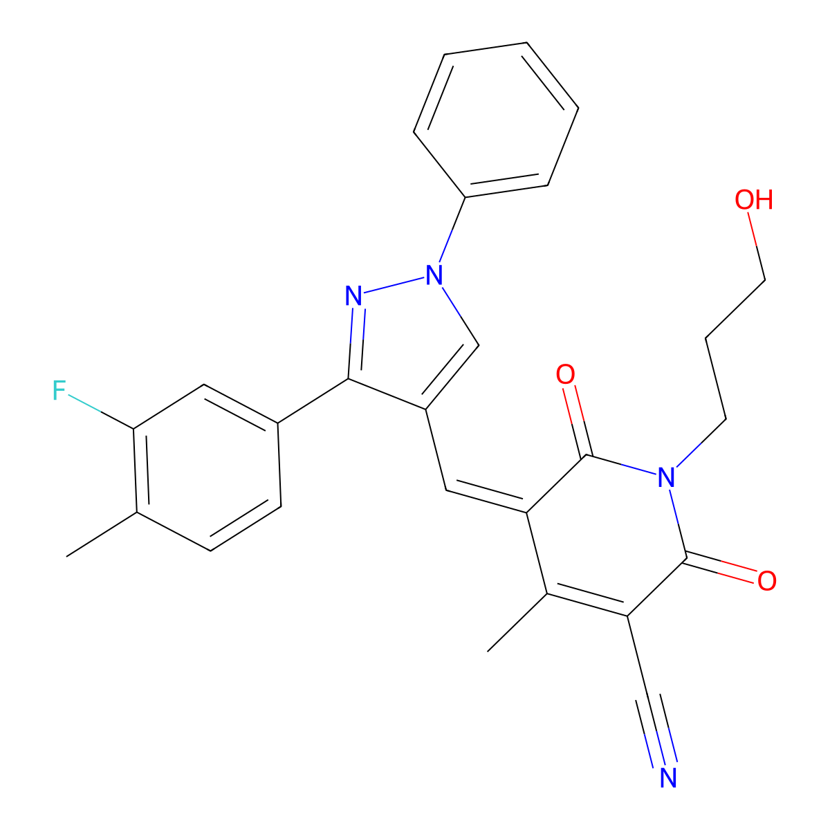 5-{[3-(3-fluoro-4-methylphenyl)-1-phenyl-1H-pyrazol-4-yl]methylidene}-1-(3-hydroxypropyl)-4-methyl-2,6-dioxo-1,2,5,6-tetrahydropyridine-3-carbonitrile molecular structure, CAS 1017499-43-2