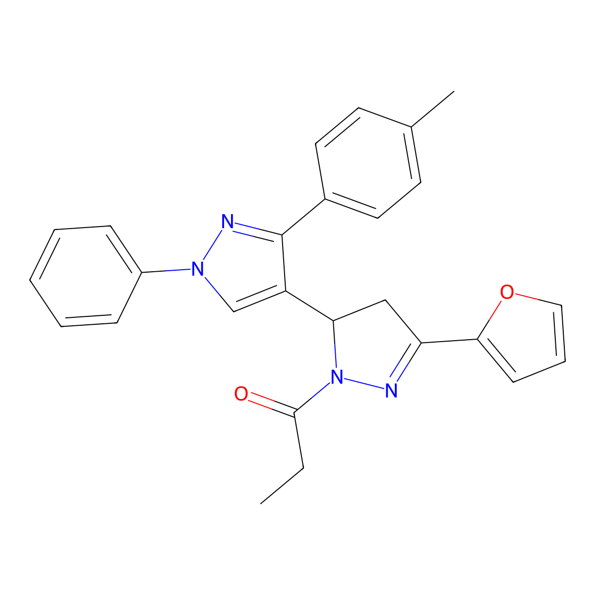 1-[5-(furan-2-yl)-3'-(4-methylphenyl)-1'-phenyl-3,4-dihydro-1'H,2H-[3,4'-bipyrazole]-2-yl]propan-1-one molecular structure, CAS 1017499-94-3
