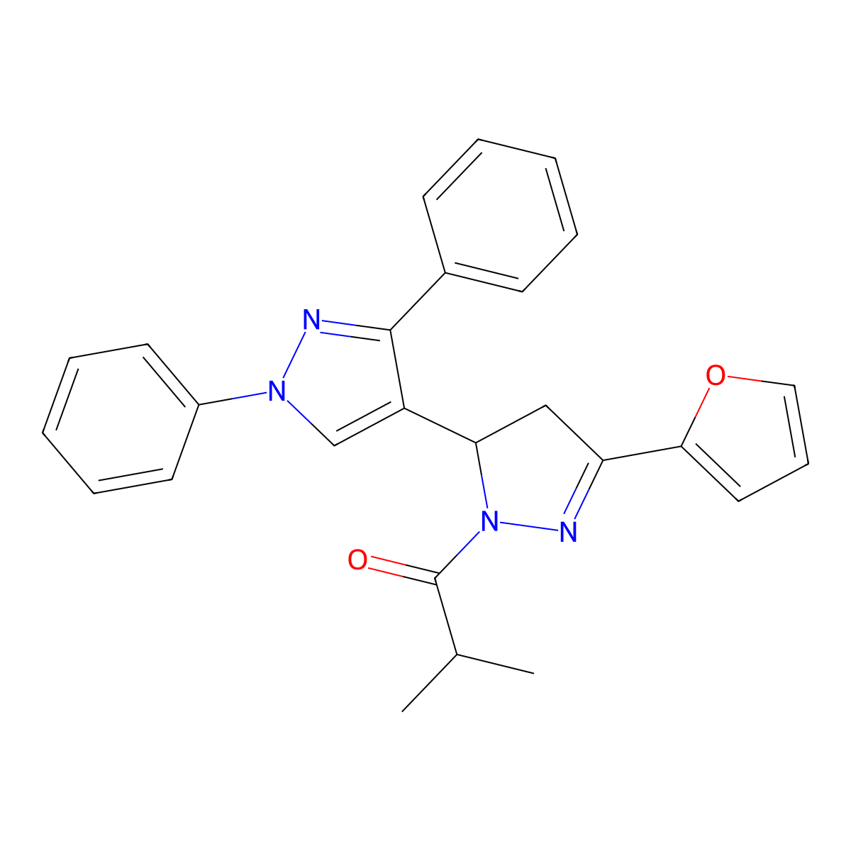 1-[5-(furan-2-yl)-1',3'-diphenyl-3,4-dihydro-1'H,2H-[3,4'-bipyrazole]-2-yl]-2-methylpropan-1-one molecular structure, CAS 1017499-96-5