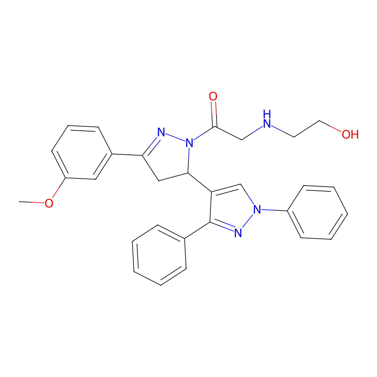 2-((2-hydroxyethyl)amino)-1-(5-(3-methoxyphenyl)-1',3'-diphenyl-3,4-dihydro-1'H,2H-[3,4'-bipyrazol]-2-yl)ethanone molecular structure, CAS 1017500-04-7