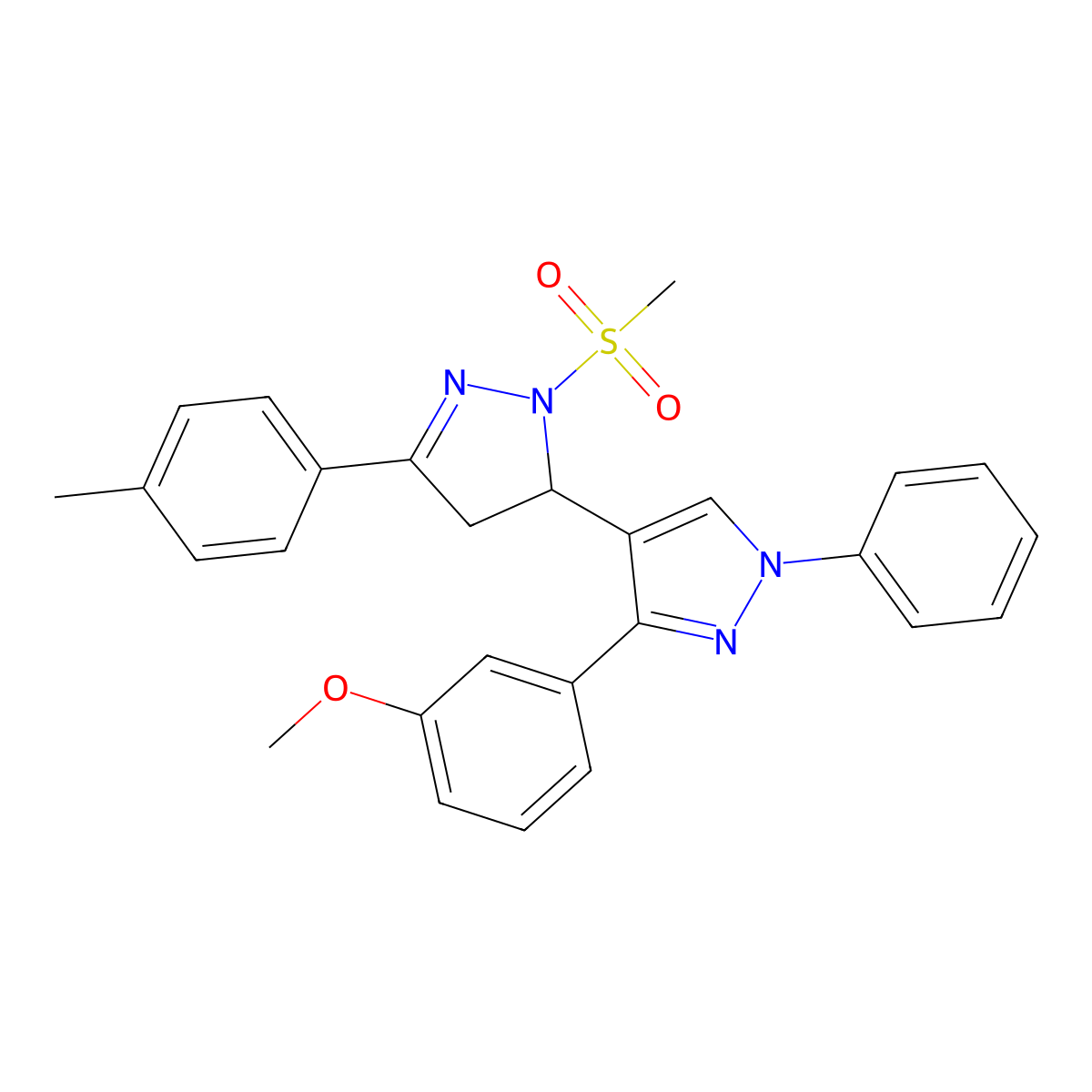 2-methanesulfonyl-3'-(3-methoxyphenyl)-5-(4-methylphenyl)-1'-phenyl-3,4-dihydro-1'H,2H-3,4'-bipyrazole molecular structure, CAS 1017500-23-0