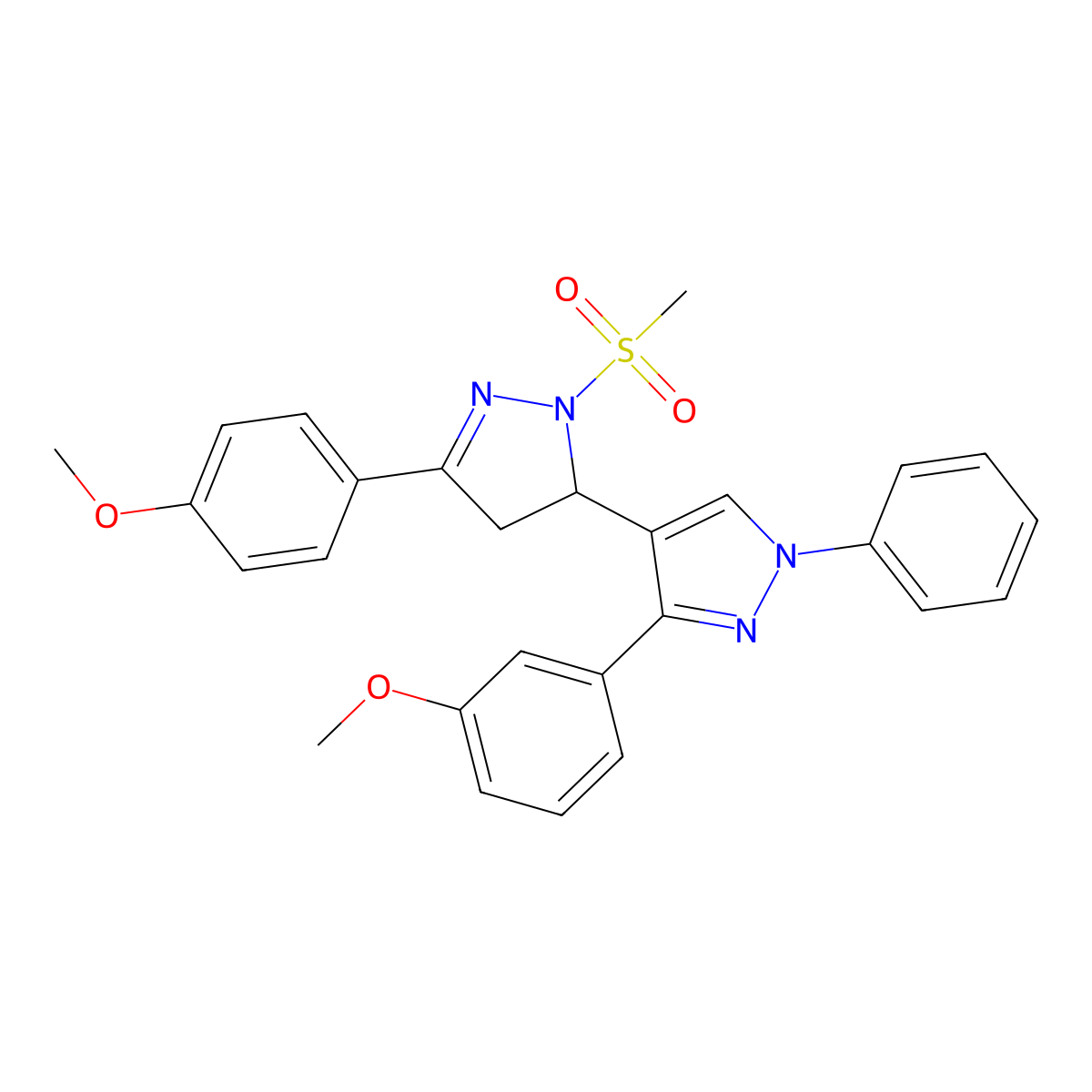 2-methanesulfonyl-3'-(3-methoxyphenyl)-5-(4-methoxyphenyl)-1'-phenyl-3,4-dihydro-1'H,2H-3,4'-bipyrazole molecular structure, CAS 1017500-25-2