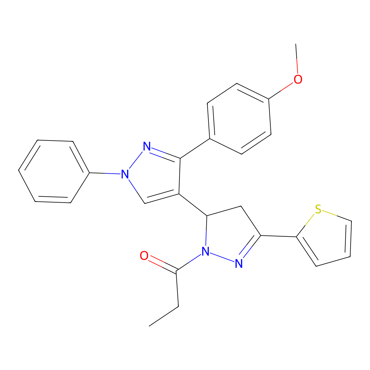 1-(3'-(4-methoxyphenyl)-1'-phenyl-5-(thiophen-2-yl)-3,4-dihydro-1'H,2H-[3,4'-bipyrazol]-2-yl)propan-1-one molecular structure, CAS 1017500-28-5