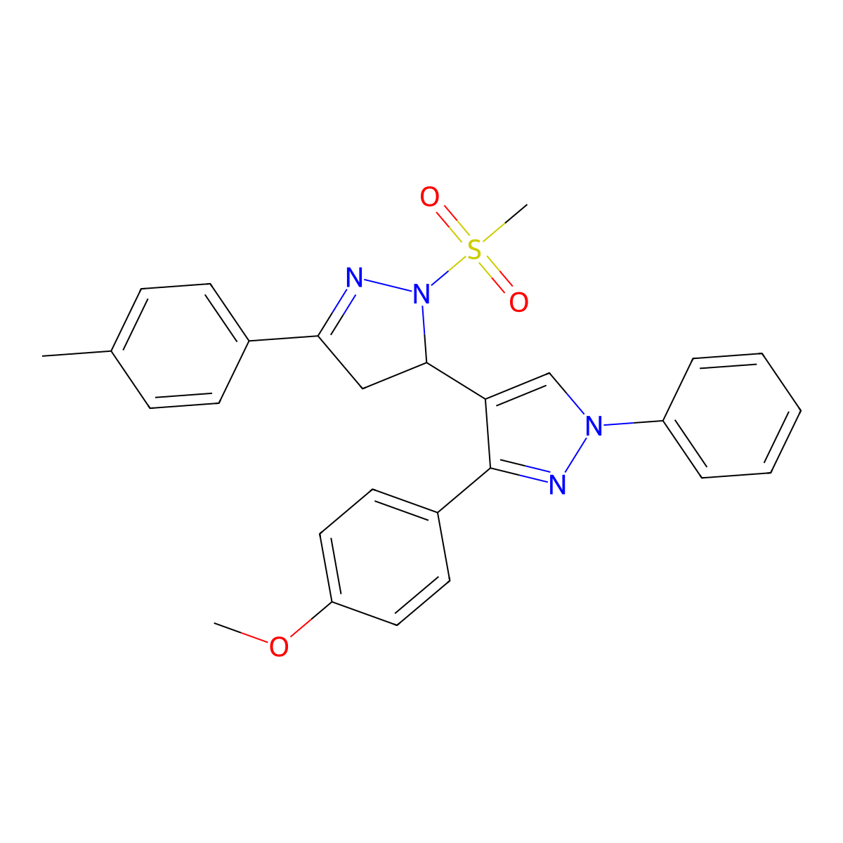 3'-(4-methoxyphenyl)-2-(methylsulfonyl)-1'-phenyl-5-(p-tolyl)-3,4-dihydro-1'H,2H-3,4'-bipyrazole molecular structure, CAS 1017500-31-0