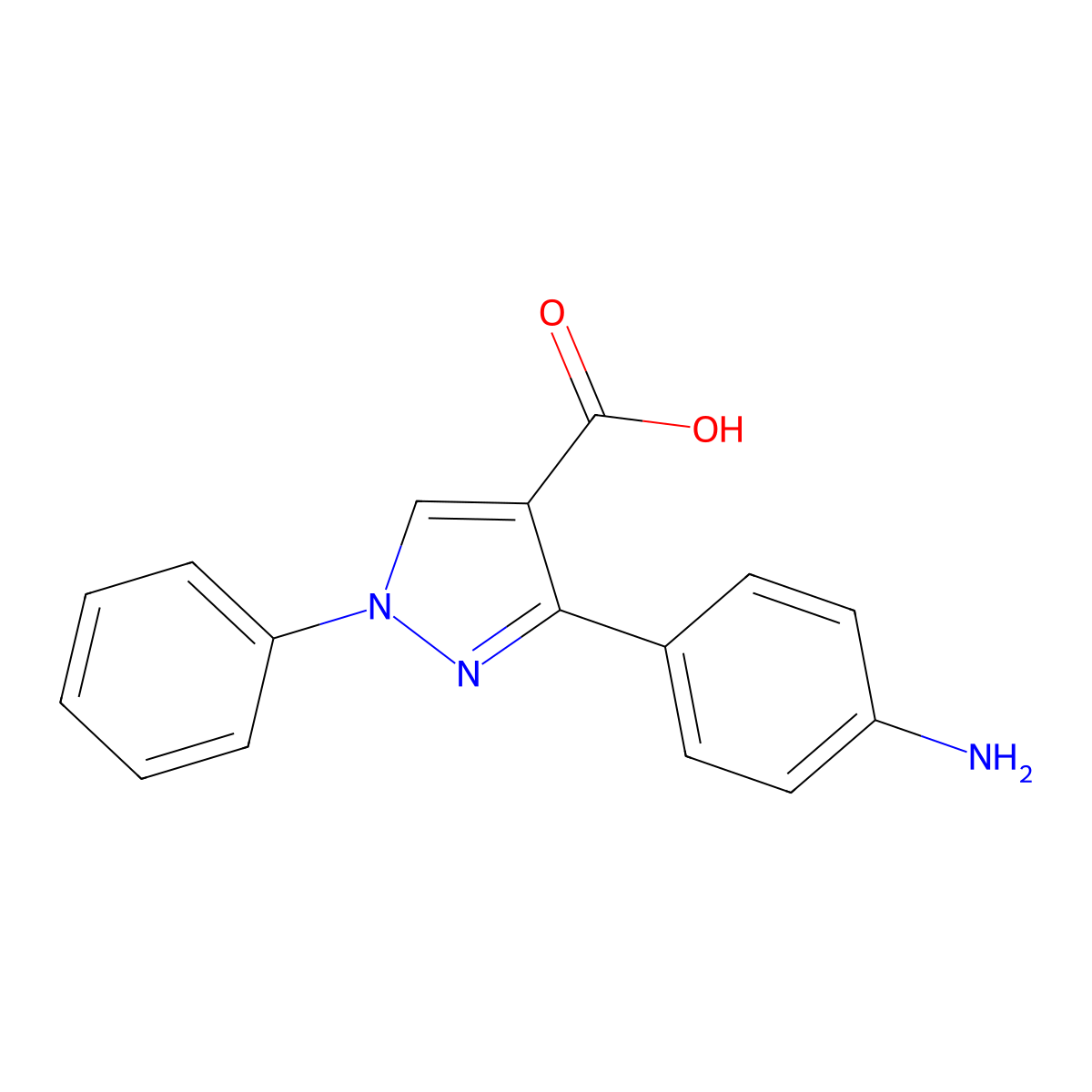 3-(4-aminophenyl)-1-phenyl-1H-pyrazole-4-carboxylic acid molecular structure, CAS 1017526-20-3