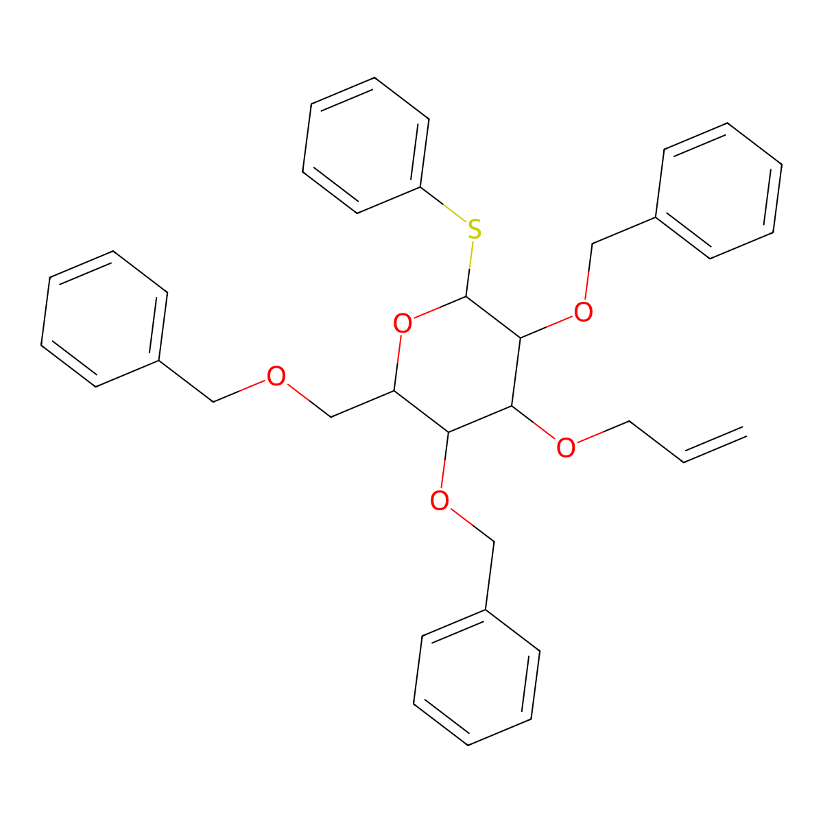 3,5-Bis(phenylmethoxy)-2-(phenylmethoxymethyl)-6-phenylsulfanyl-4-prop-2-enoxyoxane molecular structure, CAS 1017587-57-3