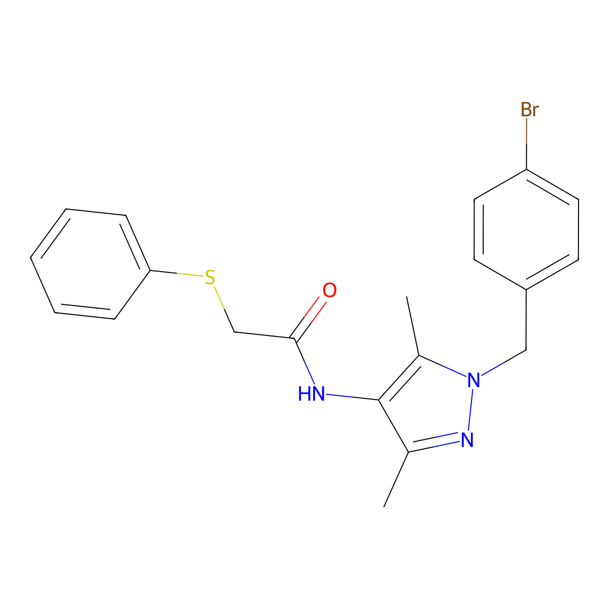 N-[1-[(4-bromophenyl)methyl]-3,5-dimethylpyrazol-4-yl]-2-phenylsulfanylacetamide molecular structure, CAS 1017591-31-9