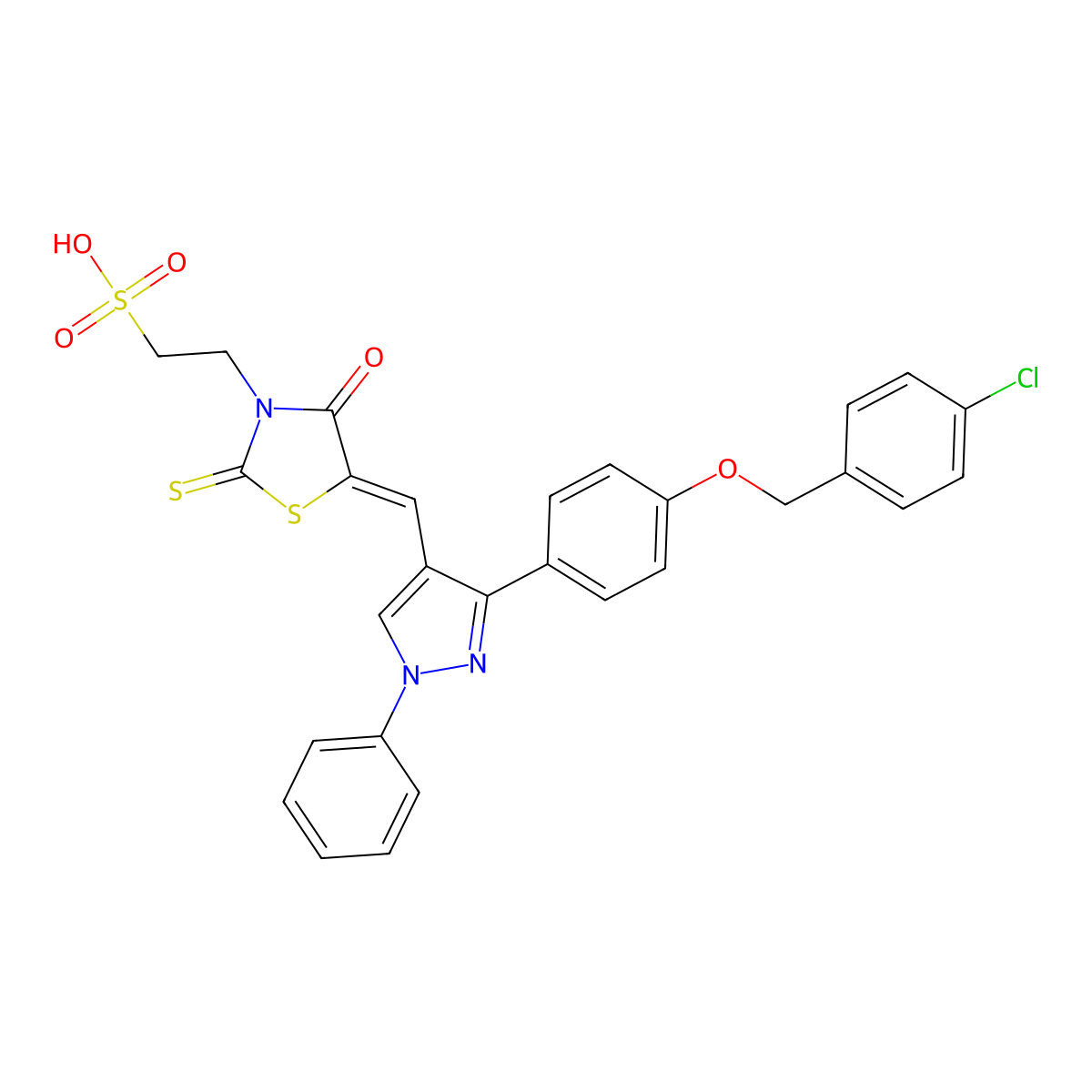 2-[5-[[3-[4-[(4-Chlorophenyl)methoxy]phenyl]-1-phenyl-4-pyrazolyl]methylidene]-4-oxo-2-sulfanylidene-3-thiazolidinyl]ethanesulfonic acid molecular structure, CAS 1017596-17-6