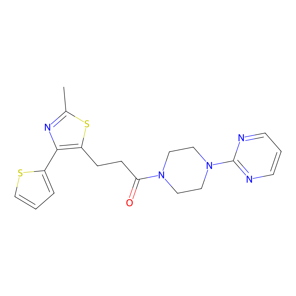3-(2-Methyl-4-(thiophen-2-yl)thiazol-5-yl)-1-(4-(pyrimidin-2-yl)piperazin-1-yl)propan-1-one molecular structure, CAS 1017662-63-3