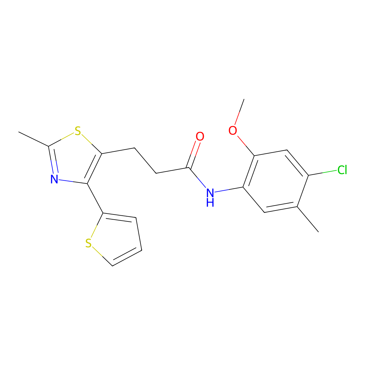 N-(4-chloro-2-methoxy-5-methylphenyl)-3-(2-methyl-4-(thiophen-2-yl)thiazol-5-yl)propanamide molecular structure, CAS 1017662-79-1