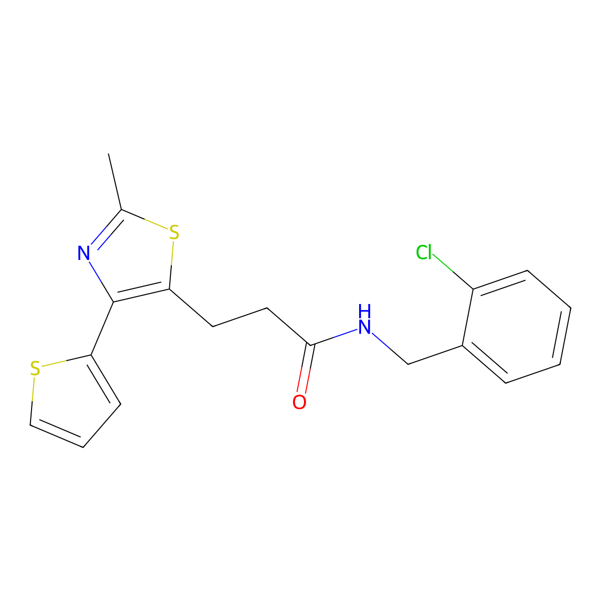 N-(2-chlorobenzyl)-3-(2-methyl-4-(thiophen-2-yl)thiazol-5-yl)propanamide molecular structure, CAS 1017662-88-2