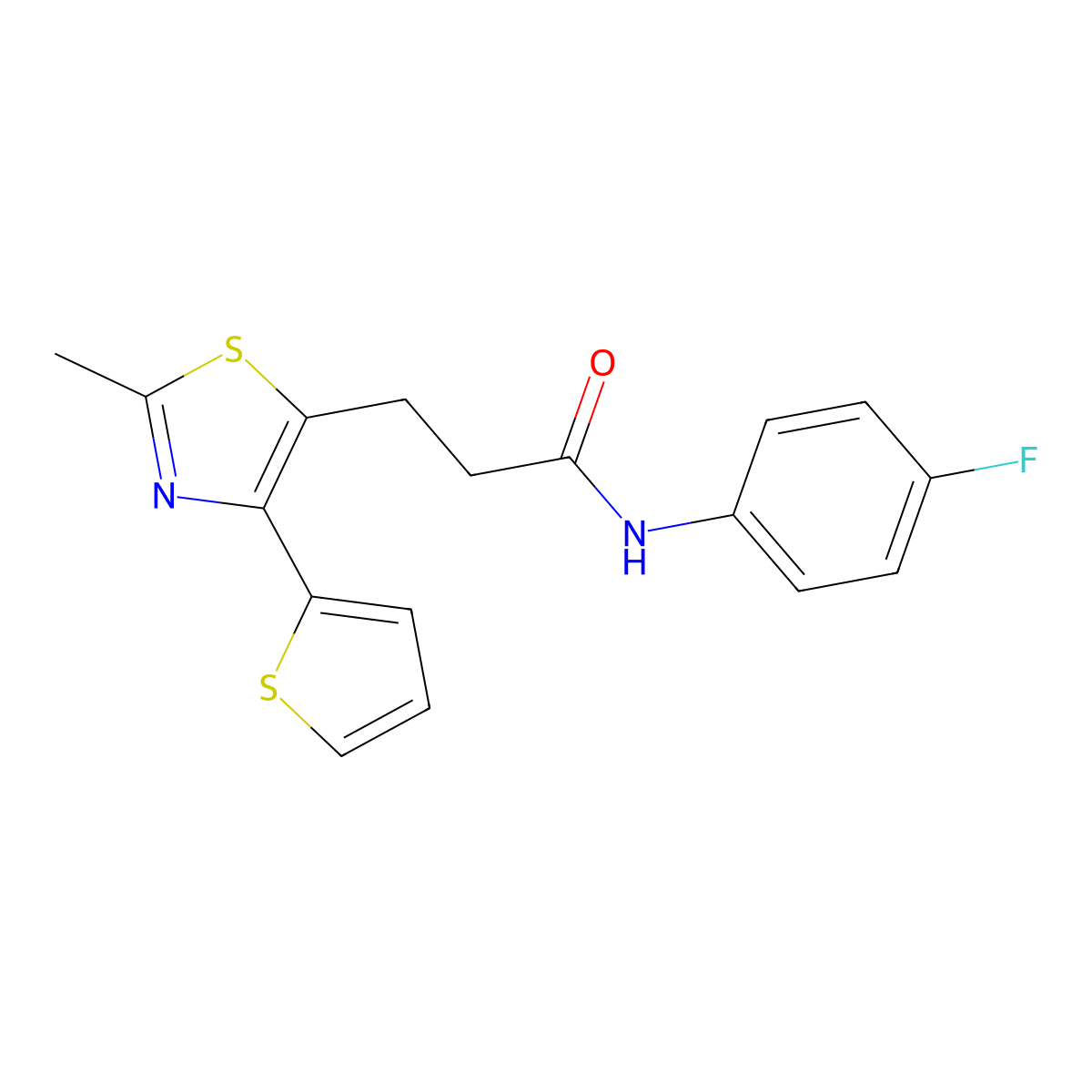 N-(4-fluorophenyl)-3-(2-methyl-4-(thiophen-2-yl)thiazol-5-yl)propanamide molecular structure, CAS 1017663-01-2