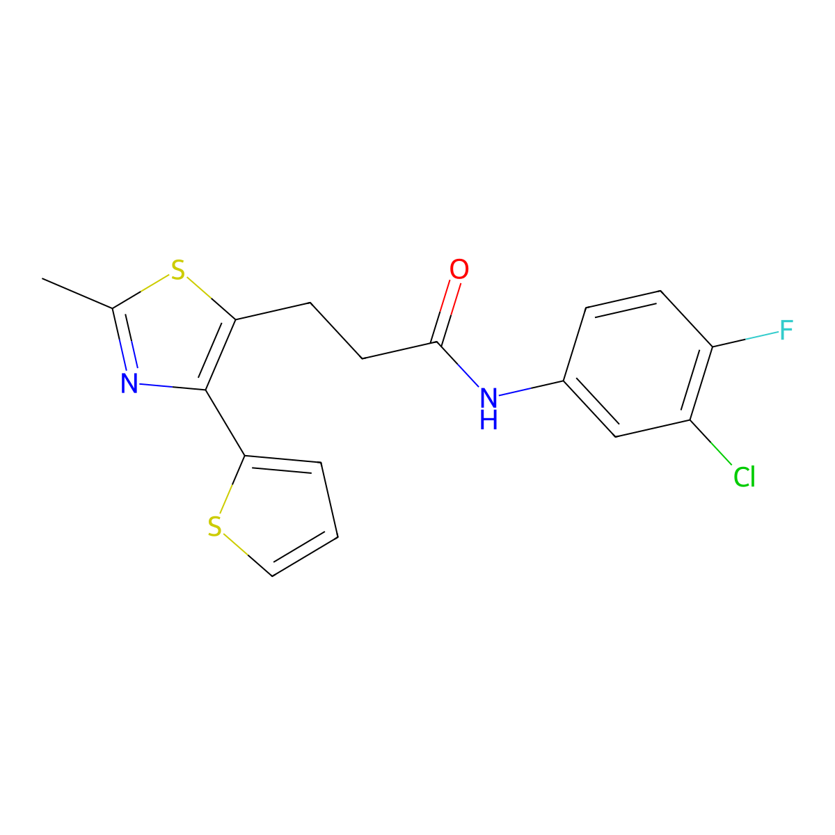 N-(3-chloro-4-fluorophenyl)-3-(2-methyl-4-(thiophen-2-yl)thiazol-5-yl)propanamide molecular structure, CAS 1017663-07-8