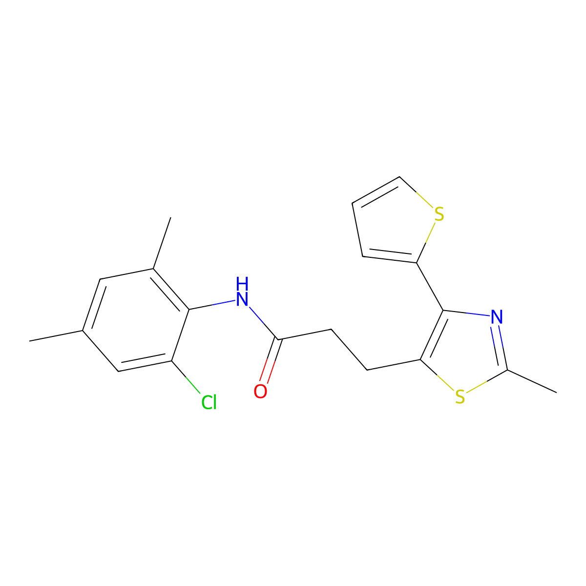 N-(2-chloro-4,6-dimethylphenyl)-3-(2-methyl-4-(thiophen-2-yl)thiazol-5-yl)propanamide molecular structure, CAS 1017663-09-0