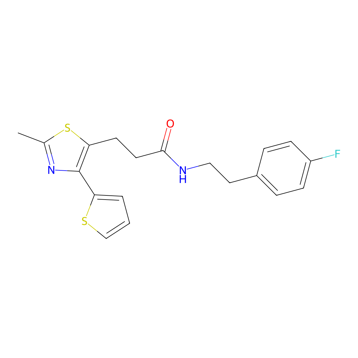 N-(4-fluorophenethyl)-3-(2-methyl-4-(thiophen-2-yl)thiazol-5-yl)propanamide molecular structure, CAS 1017663-10-3