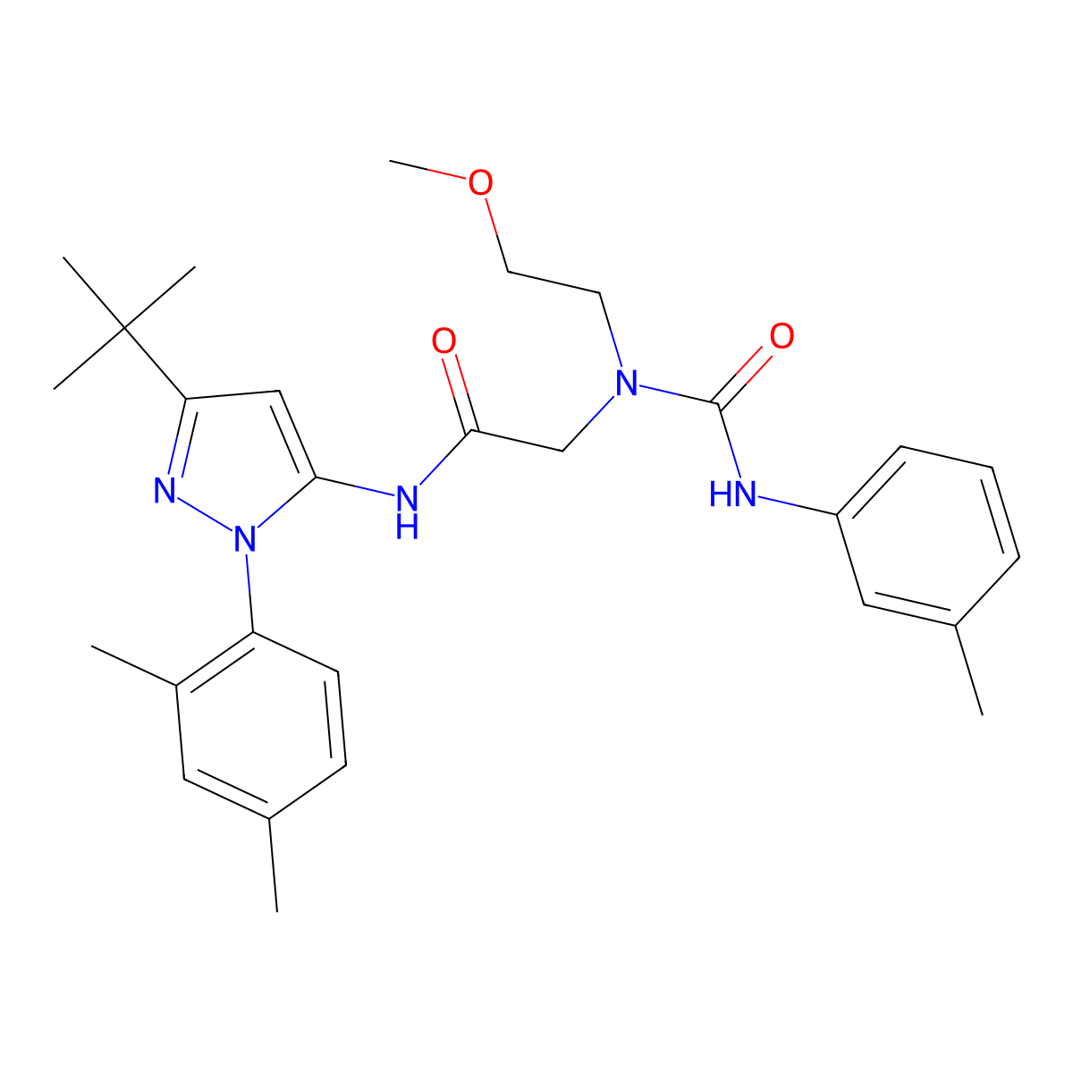 N-[3-(1,1-Dimethylethyl)-1-(2,4-dimethylphenyl)-1H-pyrazol-5-yl]-2-[(2-methoxyethyl)[[(3-methylphenyl)amino]carbonyl]amino]acetamide molecular structure, CAS 1017777-79-5