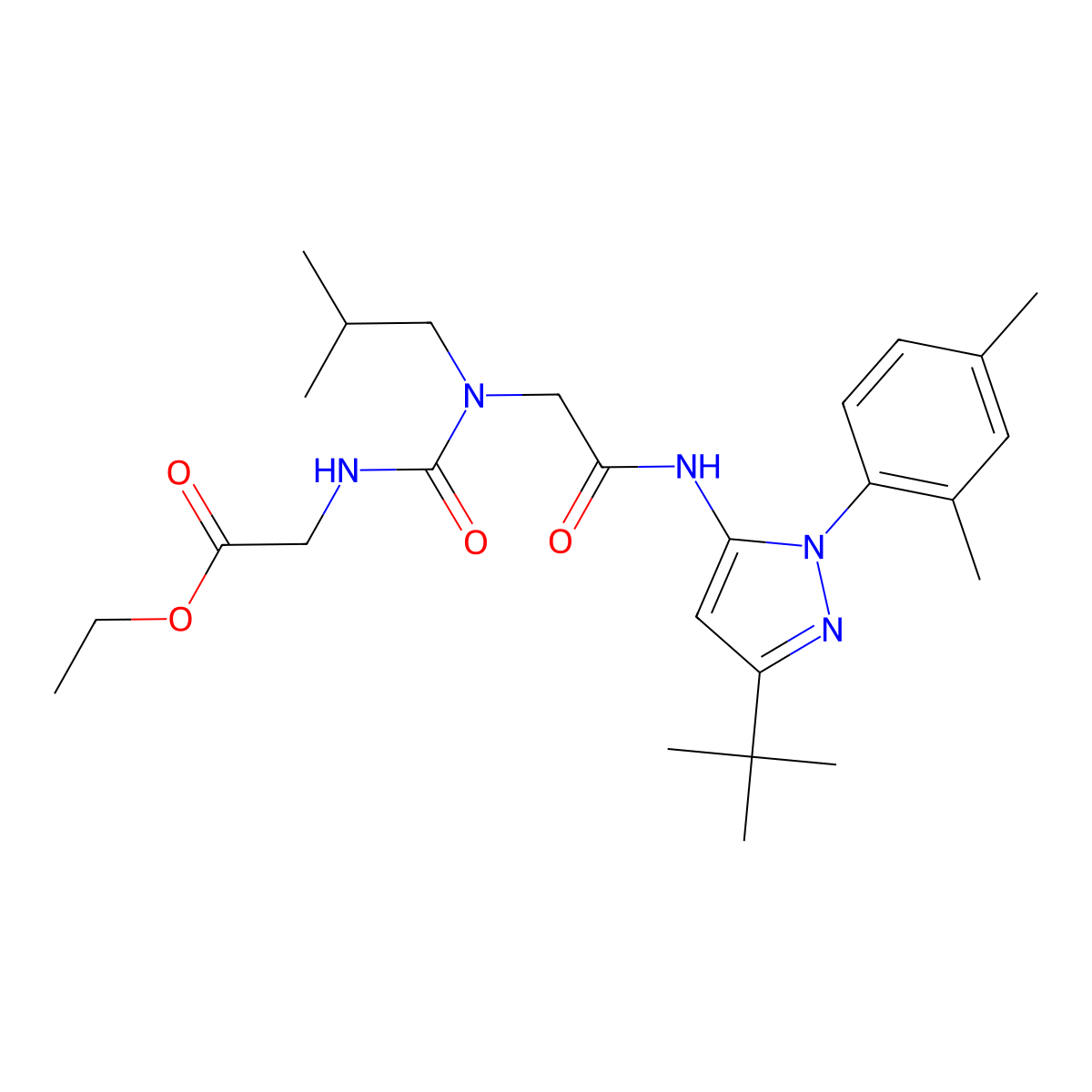 Ethyl 2-{[({[3-tert-butyl-1-(2,4-dimethylphenyl)-1H-pyrazol-5-YL]carbamoyl}methyl)(2-methylpropyl)carbamoyl]amino}acetate molecular structure, CAS 1017779-00-8