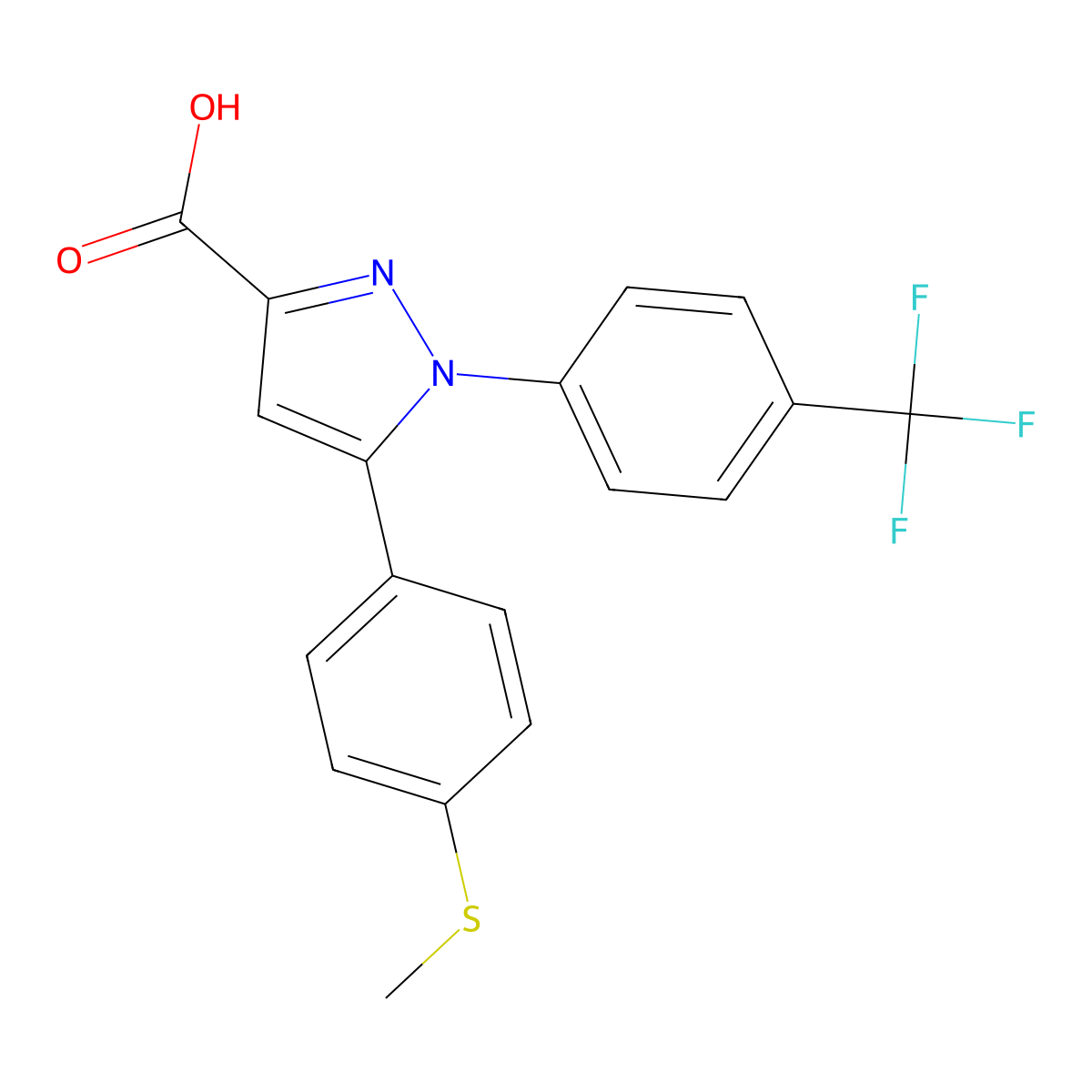 5-(4-Methylsulfanyl-phenyl)-1-(4-trifluoromethyl-phenyl)-1H-pyrazole-3-carboxylic acid molecular structure, CAS 1017781-23-5