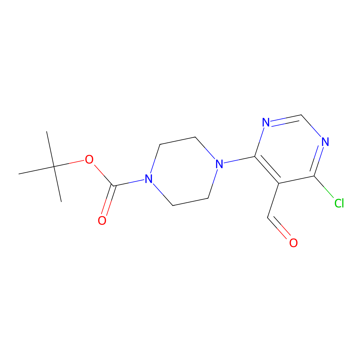 Tert-butyl 4-(6-chloro-5-formylpyrimidin-4-yl)piperazine-1-carboxylate molecular structure, CAS 1017782-55-6