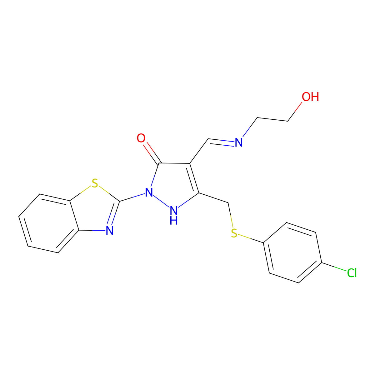 2-(1,3-benzothiazol-2-yl)-5-{[(4-chlorophenyl)sulfanyl]methyl}-4-{(E)-[(2-hydroxyethyl)imino]methyl}-1,2-dihydro-3H-pyrazol-3-one molecular structure, CAS 1017791-10-4