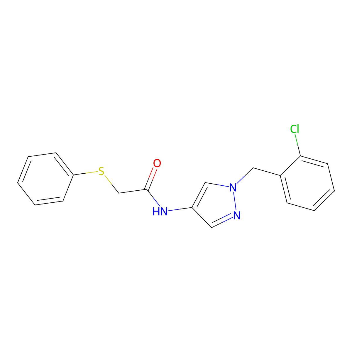 N-{1-[(2-chlorophenyl)methyl]-1H-pyrazol-4-yl}-2-(phenylsulfanyl)acetamide molecular structure, CAS 1018014-22-6