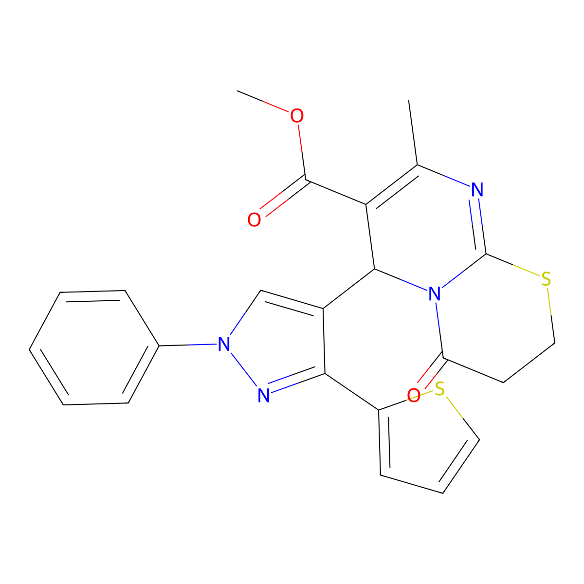 methyl 8-methyl-4-oxo-6-[1-phenyl-3-(thiophen-2-yl)-1H-pyrazol-4-yl]-3,4-dihydro-2H,6H-pyrimido[2,1-b][1,3]thiazine-7-carboxylate molecular structure, CAS 1018024-73-1
