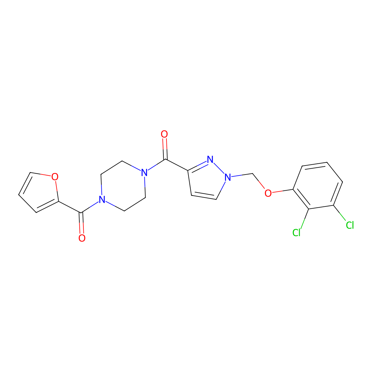 (4-{1-[(2,3-Dichlorophenoxy)methyl]-1H-pyrazole-3-carbonyl}piperazin-1-yl)(furan-2-yl)methanone molecular structure, CAS 1018038-64-6