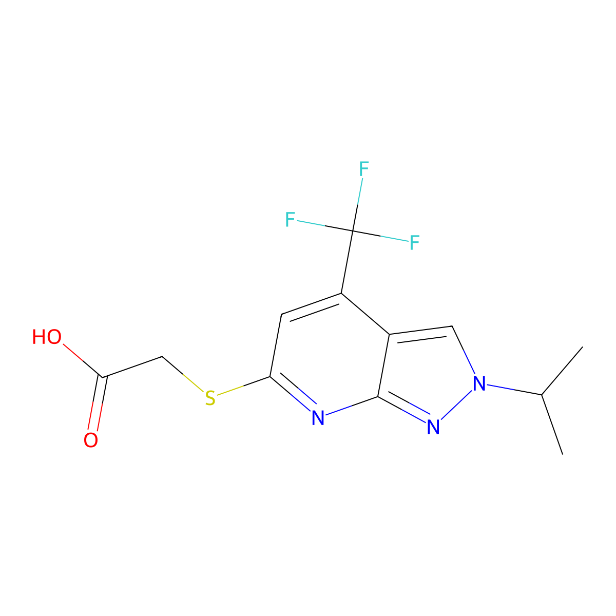 2-((2-Isopropyl-4-(trifluoromethyl)-2H-pyrazolo[3,4-b]pyridin-6-yl)thio)acetic acid molecular structure, CAS 1018046-67-7
