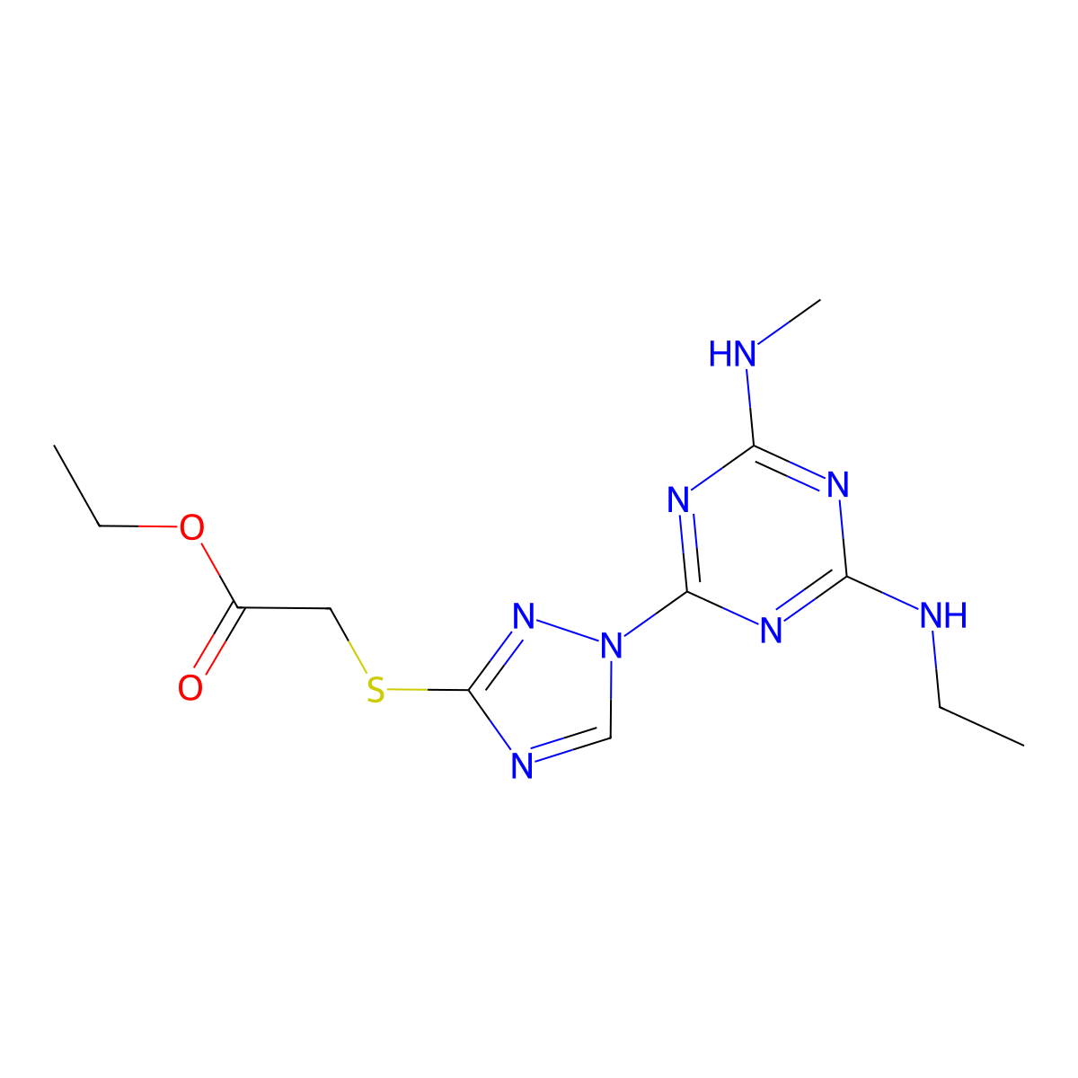 ethyl ({1-[4-(ethylamino)-6-(methylamino)-1,3,5-triazin-2-yl]-1H-1,2,4-triazol-3-yl}thio)acetate molecular structure, CAS 1018046-68-8
