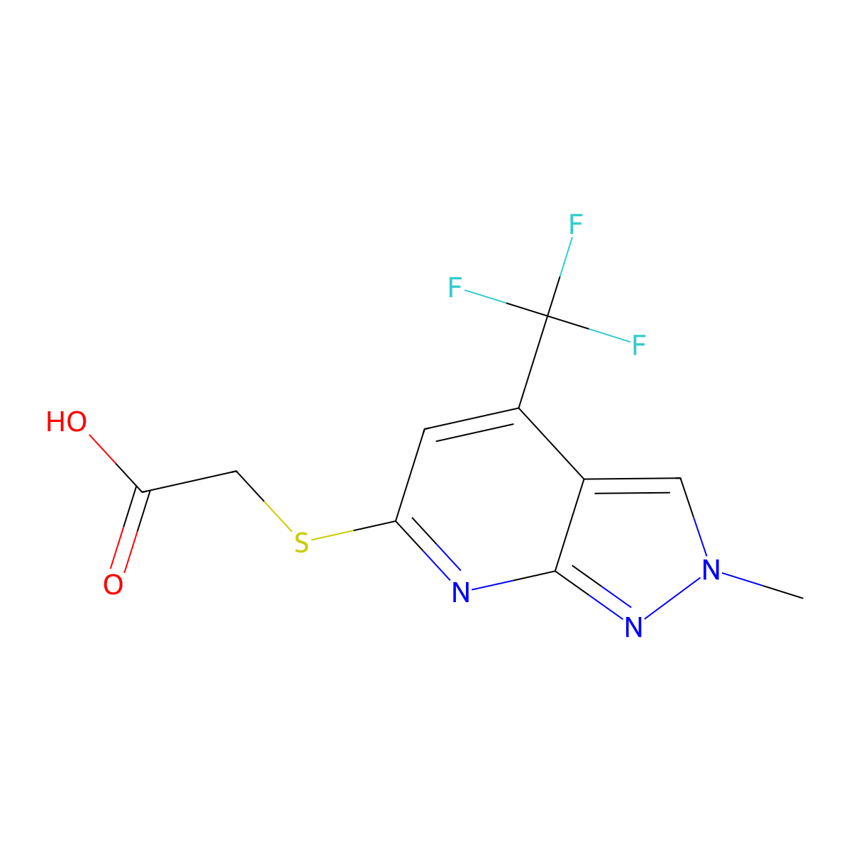 2-((2-Methyl-4-(trifluoromethyl)-2H-pyrazolo[3,4-b]pyridin-6-yl)thio)acetic acid molecular structure, CAS 1018046-75-7