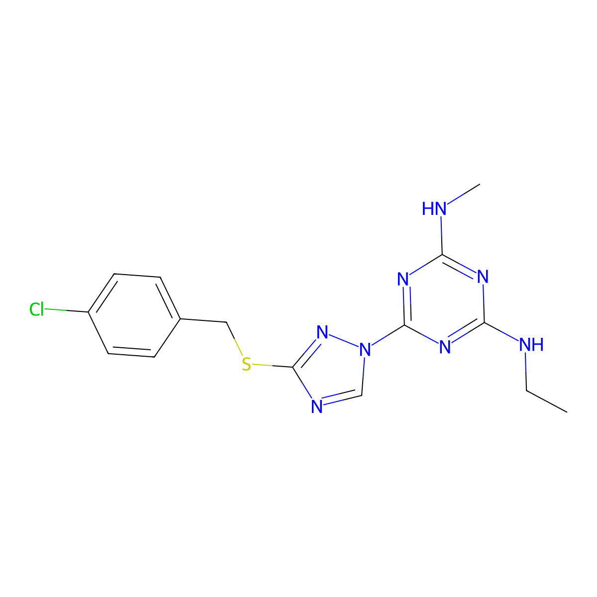 6-{3-[(4-chlorobenzyl)thio]-1H-1,2,4-triazol-1-yl}-N-ethyl-N'-methyl-1,3,5-triazine-2,4-diamine molecular structure, CAS 1018046-76-8