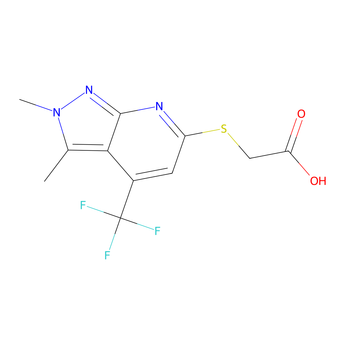 2-((2,3-Dimethyl-4-(trifluoromethyl)-2H-pyrazolo[3,4-b]pyridin-6-yl)thio)acetic acid molecular structure, CAS 1018046-81-5