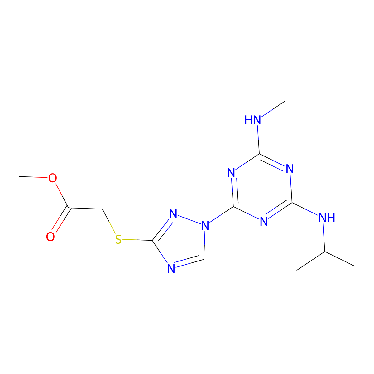 methyl ({1-[4-(isopropylamino)-6-(methylamino)-1,3,5-triazin-2-yl]-1H-1,2,4-triazol-3-yl}thio)acetate molecular structure, CAS 1018047-24-9