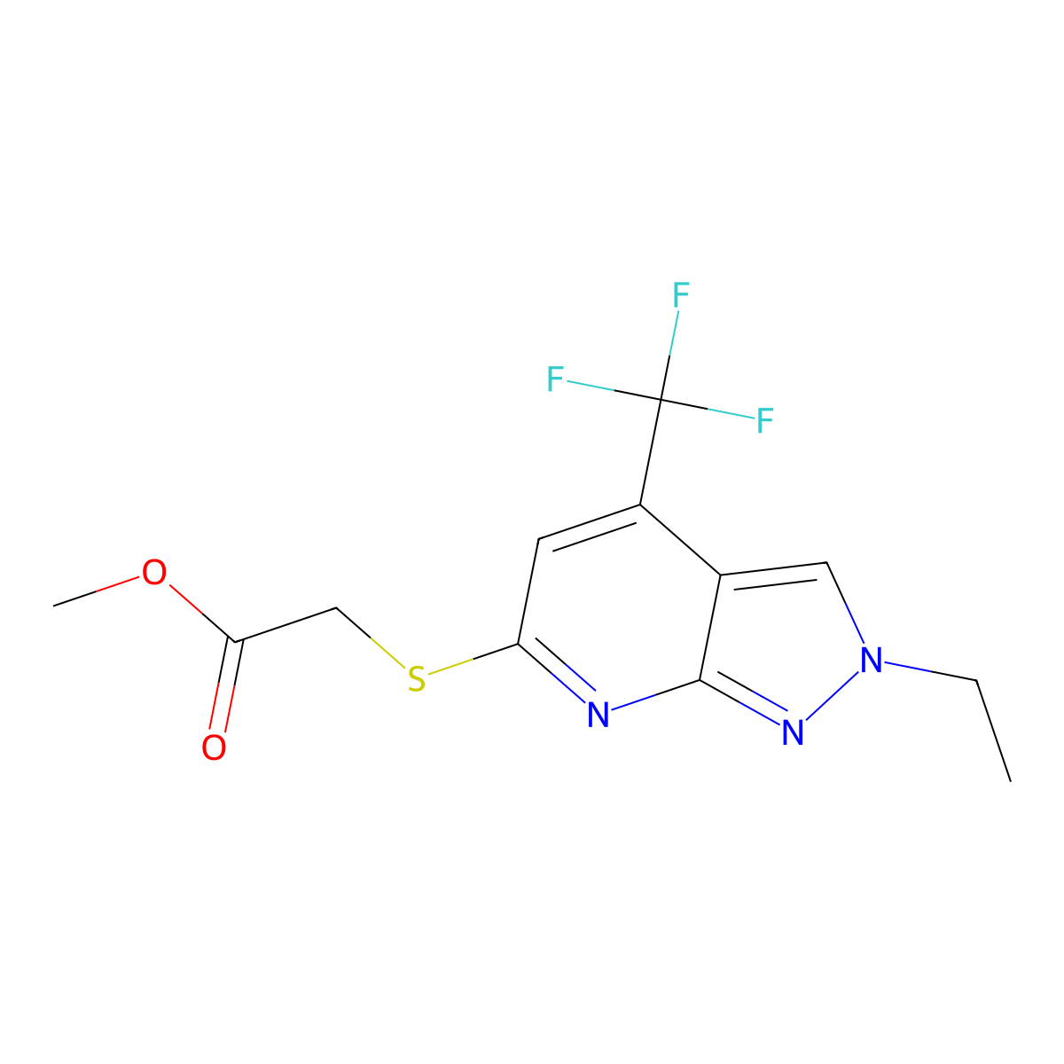 Methyl 2-((2-ethyl-4-(trifluoromethyl)-2H-pyrazolo[3,4-b]pyridin-6-yl)thio)acetate molecular structure, CAS 1018047-30-7