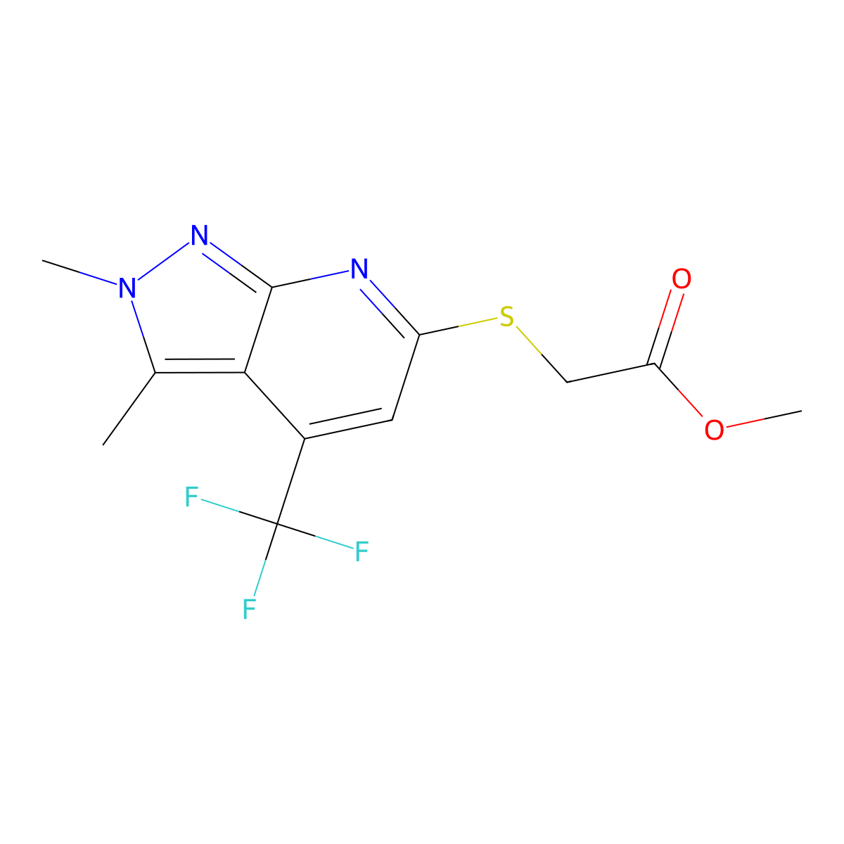 Methyl 2-((2,3-dimethyl-4-(trifluoromethyl)-2H-pyrazolo[3,4-b]pyridin-6-yl)thio)acetate molecular structure, CAS 1018047-51-2