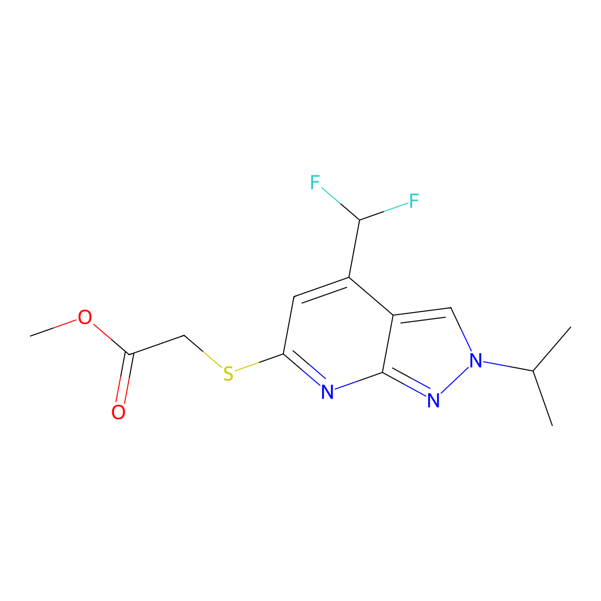 Methyl 2-((4-(difluoromethyl)-2-isopropyl-2H-pyrazolo[3,4-b]pyridin-6-yl)thio)acetate molecular structure, CAS 1018047-59-0