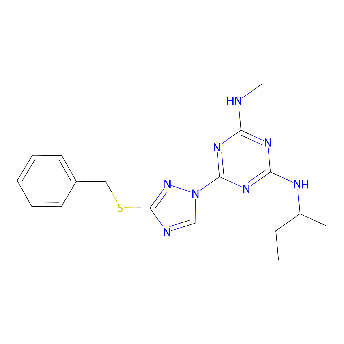 6-[3-(benzylthio)-1H-1,2,4-triazol-1-yl]-N-(sec-butyl)-N'-methyl-1,3,5-triazine-2,4-diamine molecular structure, CAS 1018047-76-1